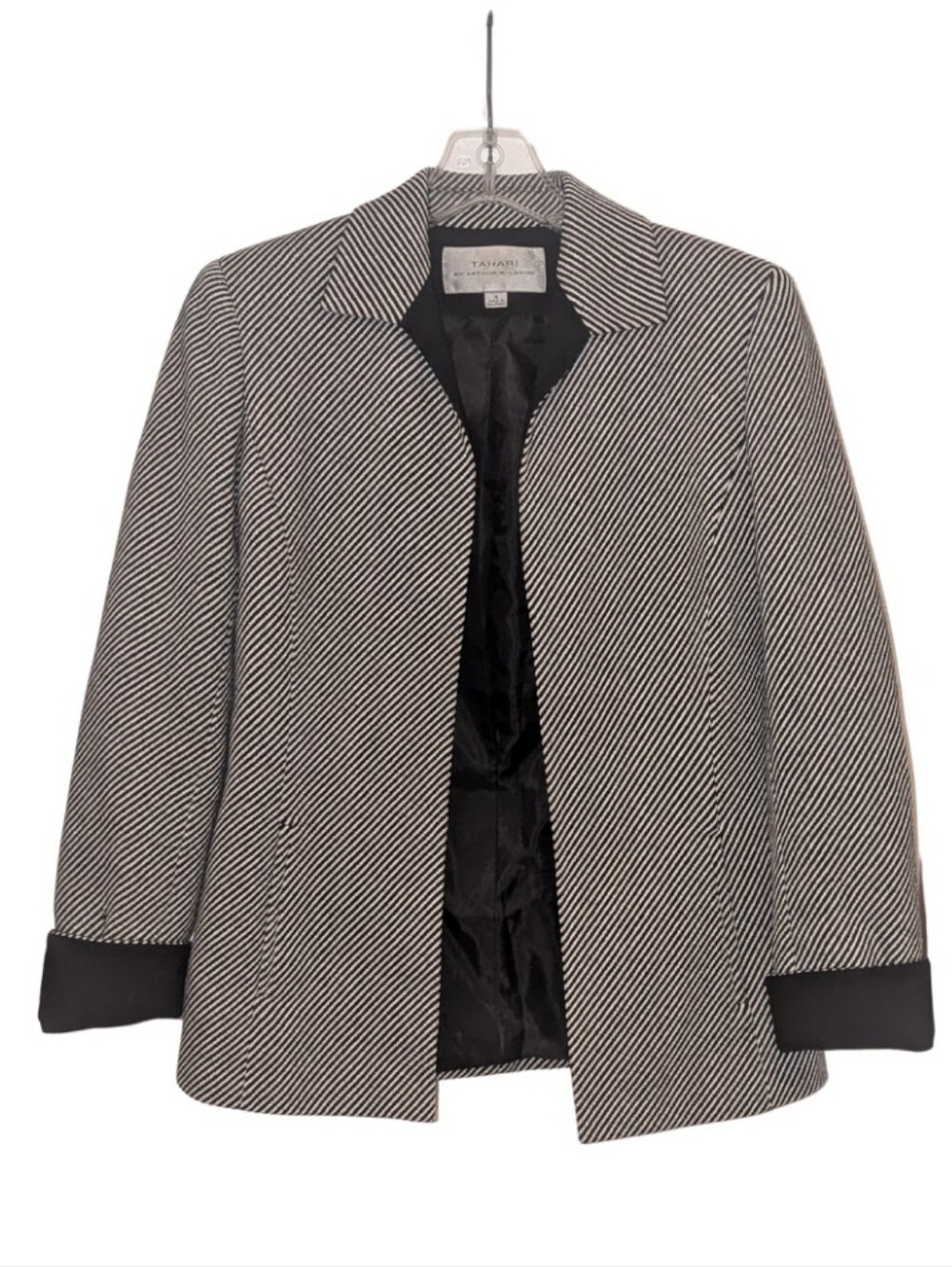Tahari Black and White Diagonal Pinstripe Open Twill Wool Blazer